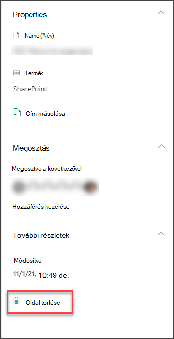 Képernyőkép a lap részleteit tartalmazó ablaktábla Lap törlése parancsáról