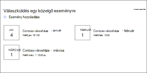 Az események kijelző képe a Részleg webhelyen