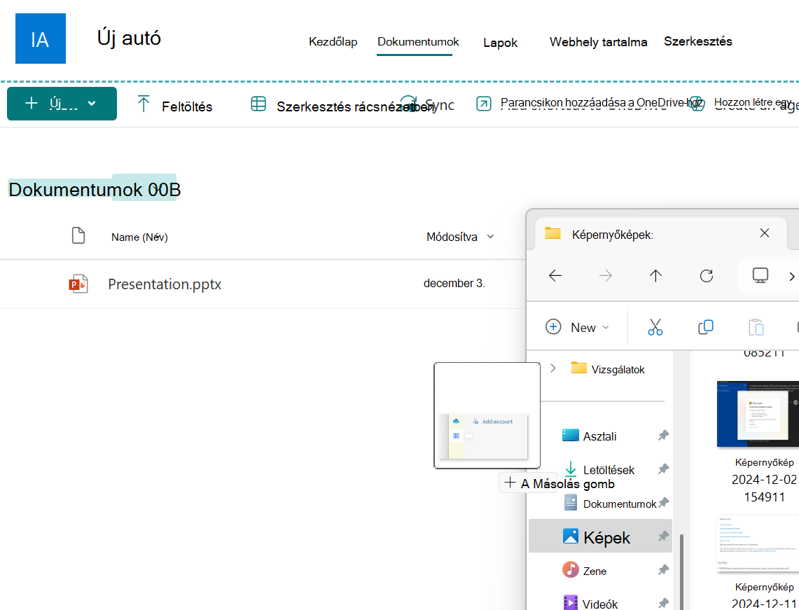 Képfájl áthúzása egy Intéző ablakból egy SharePoint-dokumentumtárba