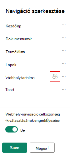 A Navigáció szerkesztése csoportban egy ikon erősíti meg a megcélzott hivatkozásokat.