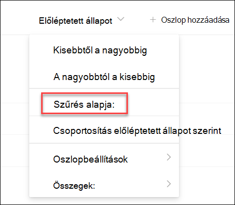 képernyőkép a szűrésről előléptetett állapot szerint