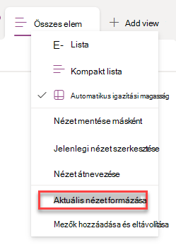 képernyőkép az aktuális sor formázásának kiválasztásáról