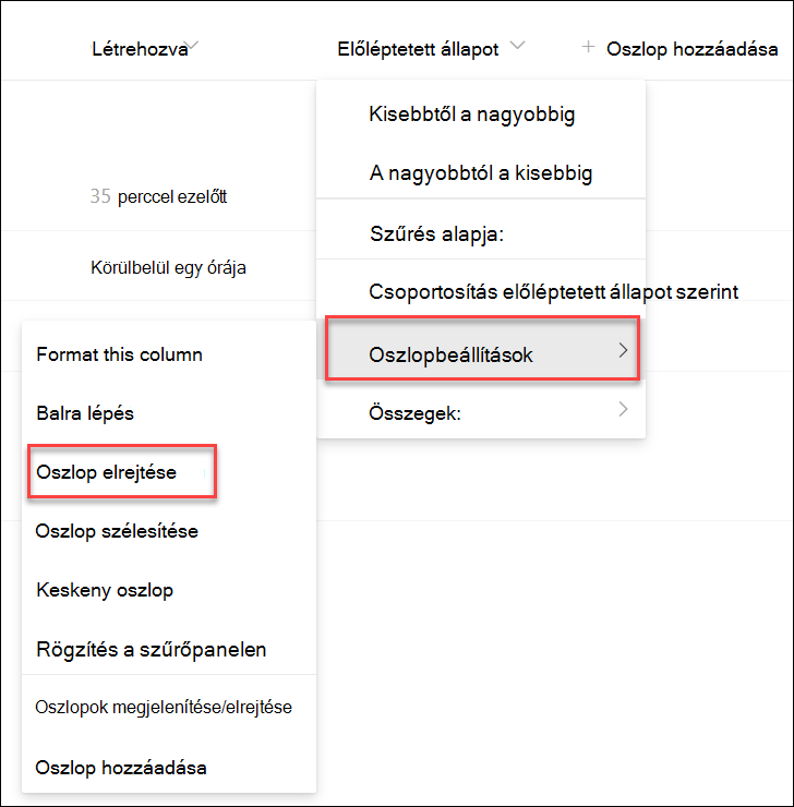 képernyőkép egy oszlop elrejtéséről