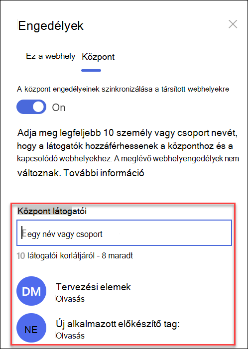 Központi webhely engedélycsoportjainak képernyőképei