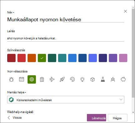 Képernyőkép: lista létrehozásakor egy lista nevének megadása és egy SharePoint-webhely kiválasztása a lista mentési helyeként