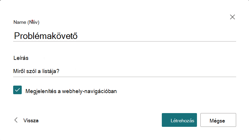 Az új lista nevének és leírásának megadására szolgáló párbeszédpanel