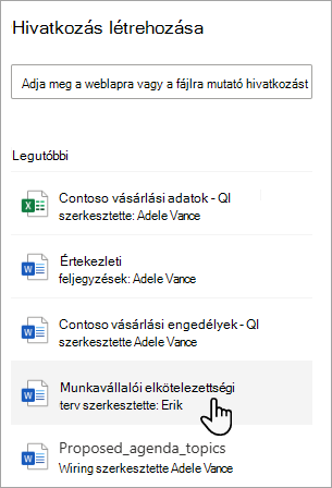 Képernyőkép egy dokumentumtárból kijelölt legutóbbi dokumentumról