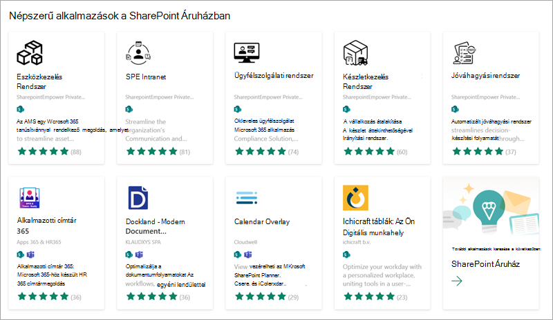 Képernyőkép néhány népszerű alkalmazásról, amelyet hozzáadhat webhelyéhez a SharePoint Áruházból.