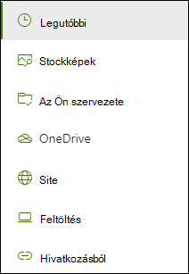 A hivatkozások hozzáadásakor elérhető helyek listája.