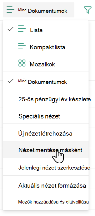 Képernyőkép a nézet elnevezéséhez használható Mentés másként parancsról
