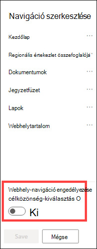A webhely-navigáció célközönség-megválasztási beállításának kapcsolója.