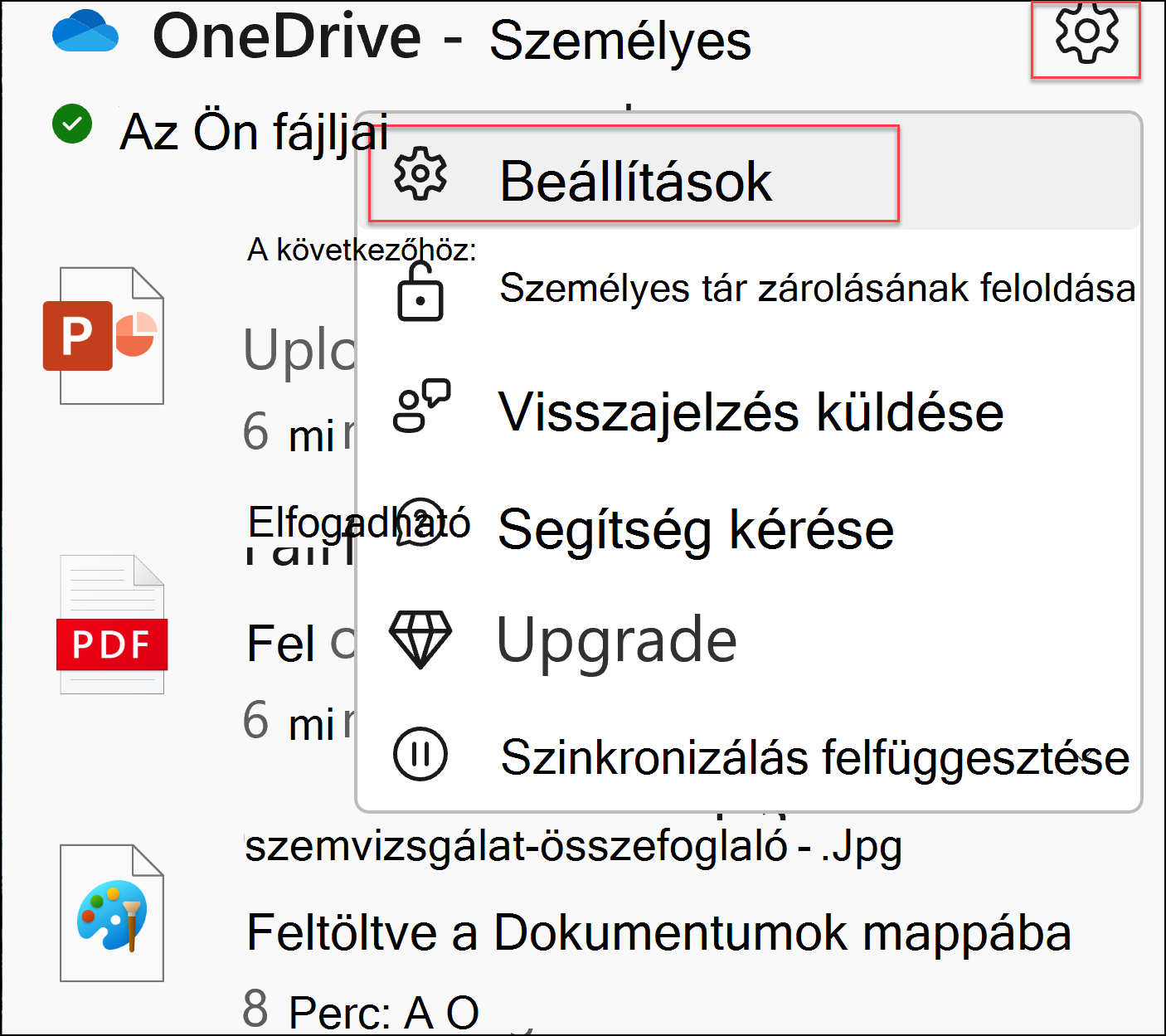 Képernyőkép a OneDrive beállításairól