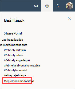 A megnyitott Beállítások lehetőség a kijelölt Megjelenés módosítása lehetőséggel.