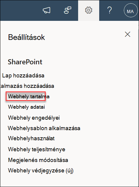 A beállítások webhely tartalmának képernyőképe