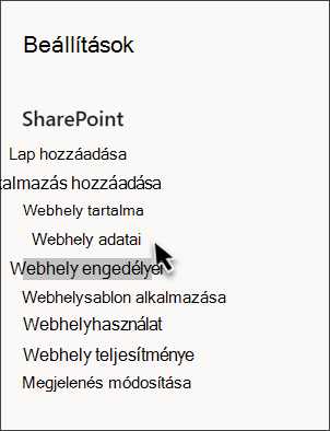 Képernyőkép: a SharePoint-beállítások, a kijelölt Webhely adatai paranccsal