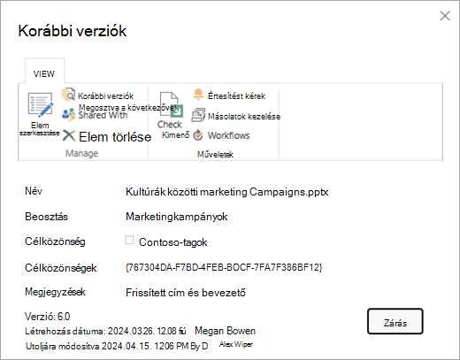 A Verzióelőzmények párbeszédpanel egy adott fájlhoz.
