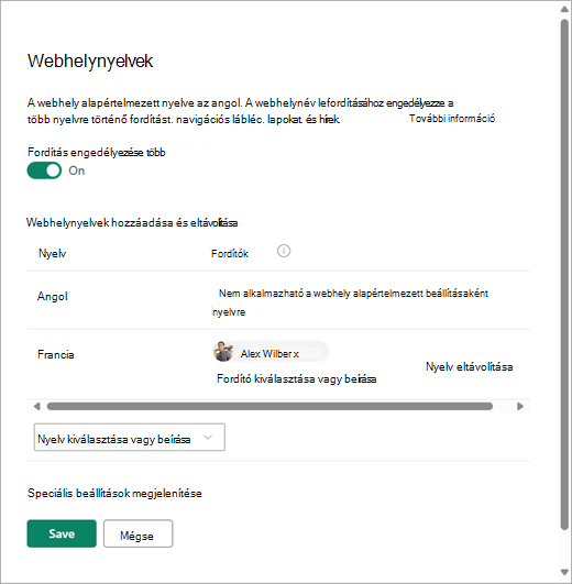 Képernyőkép a SharePoint Webhely nyelvei lapjáról.