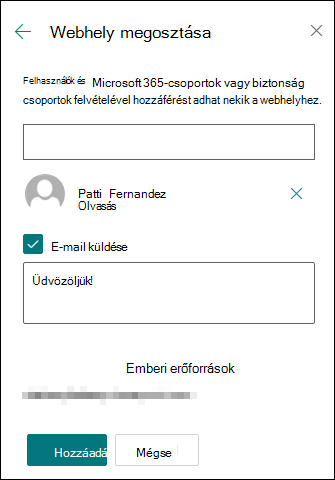 A webhelymegosztás engedélypaneljének előnézete