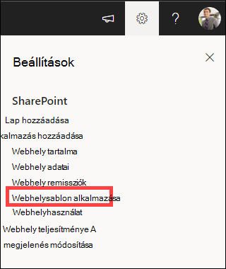 Beállítások a kiemelt Webhelysablon alkalmazása elemmel