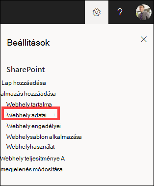 Megnyitott Beállítások panel, kiemelt webhelyinformációkkal.