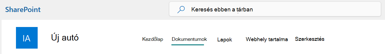 A SharePoint-webhely felső sávjának menüje, amelyben a Dokumentumok lehetőség van kiválasztva.