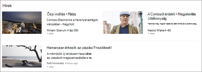 Képernyőkép egy SharePoint-webhely Hírek kijelzőjéről, ahol a bejegyzések szűrve vannak