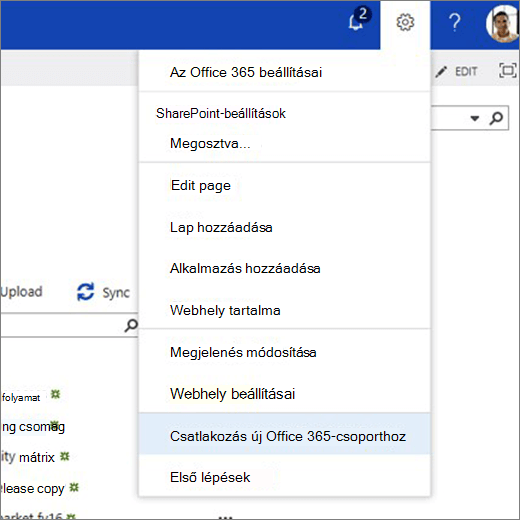 Ezen a képen a Fogaskerék ikon menü látható, és a Csatlakozás új Microsoft 365-csoporthoz van kiválasztva.