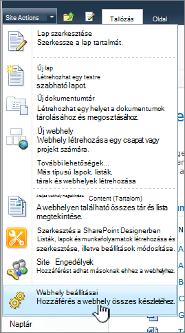 Webhely beállításai a Webhelyműveletek menüben