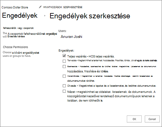 Engedélyszintek módosítása az engedélyek párbeszédpanelen