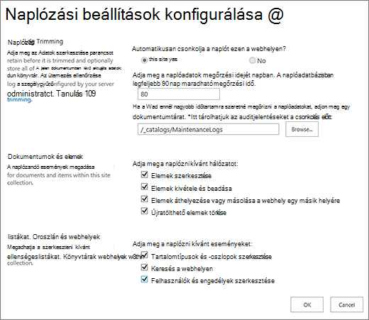 A webhelycsoport naplózási beállításainak képernyője