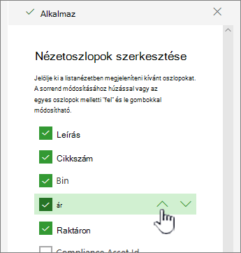 Felfelé és lefelé mutató nyilak, illetve oszloppozíció húzása