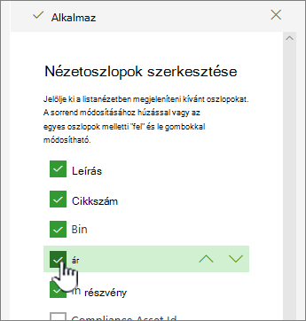 Oszlopok bejelölése vagy jelölésének törlése a megjelenítéshez vagy elrejtéshez