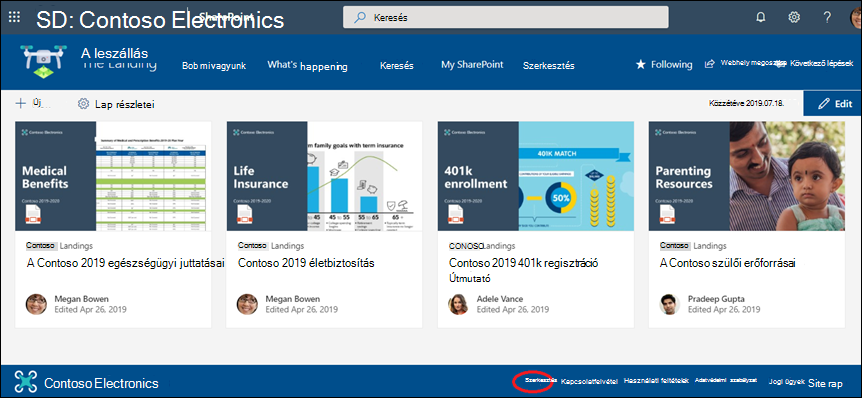 Hivatkozásokat és címkéket adhat hozzá és szerkeszthet a SharePoint kommunikációs webhely láblécében.