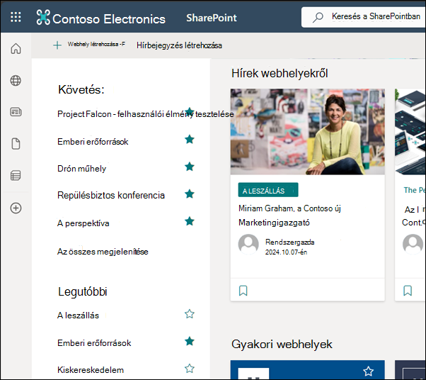 A SharePoint Online kezdőlapja