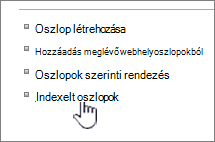 Indexelt oszlopok hivatkozás a Lista vagy a Tár beállításai lapon