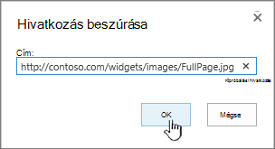 Hivatkozás beszúrása párbeszédpanel kijelölt webcímmel és OK gombbal