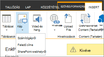 A Kép beszúrása gomb, alatta a forrásbeállítások menüjével.