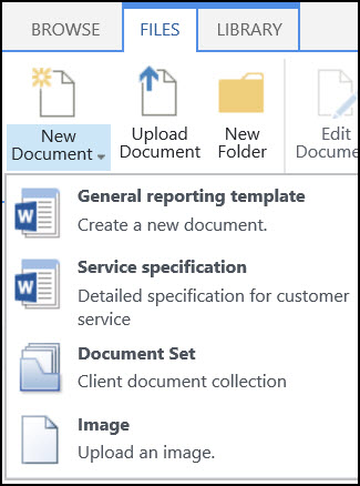Az Új dokumentum menü testre szabott tartalomtípusokkal egy SharePoint-webhelyen
