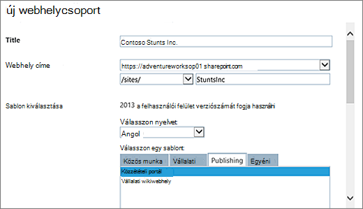 Az Új webhelycsoport párbeszédpanel, felső felében a kiemelt Közzétételi portál elemmel