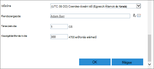 Az Új webhelycsoport párbeszédpanel, időzóna- és kvótacsoporttal.