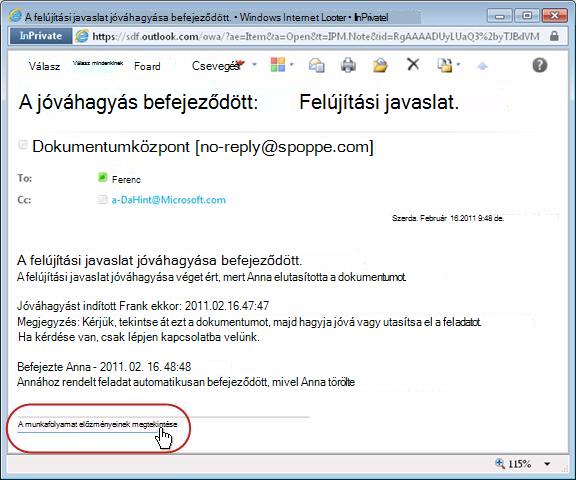Munkafolyamat befejezési értesítője az előzményekre mutató hivatkozás kiemelésével