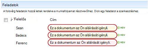 Azonosító szöveg a Munkafolyamat állapota lap feladatcímében