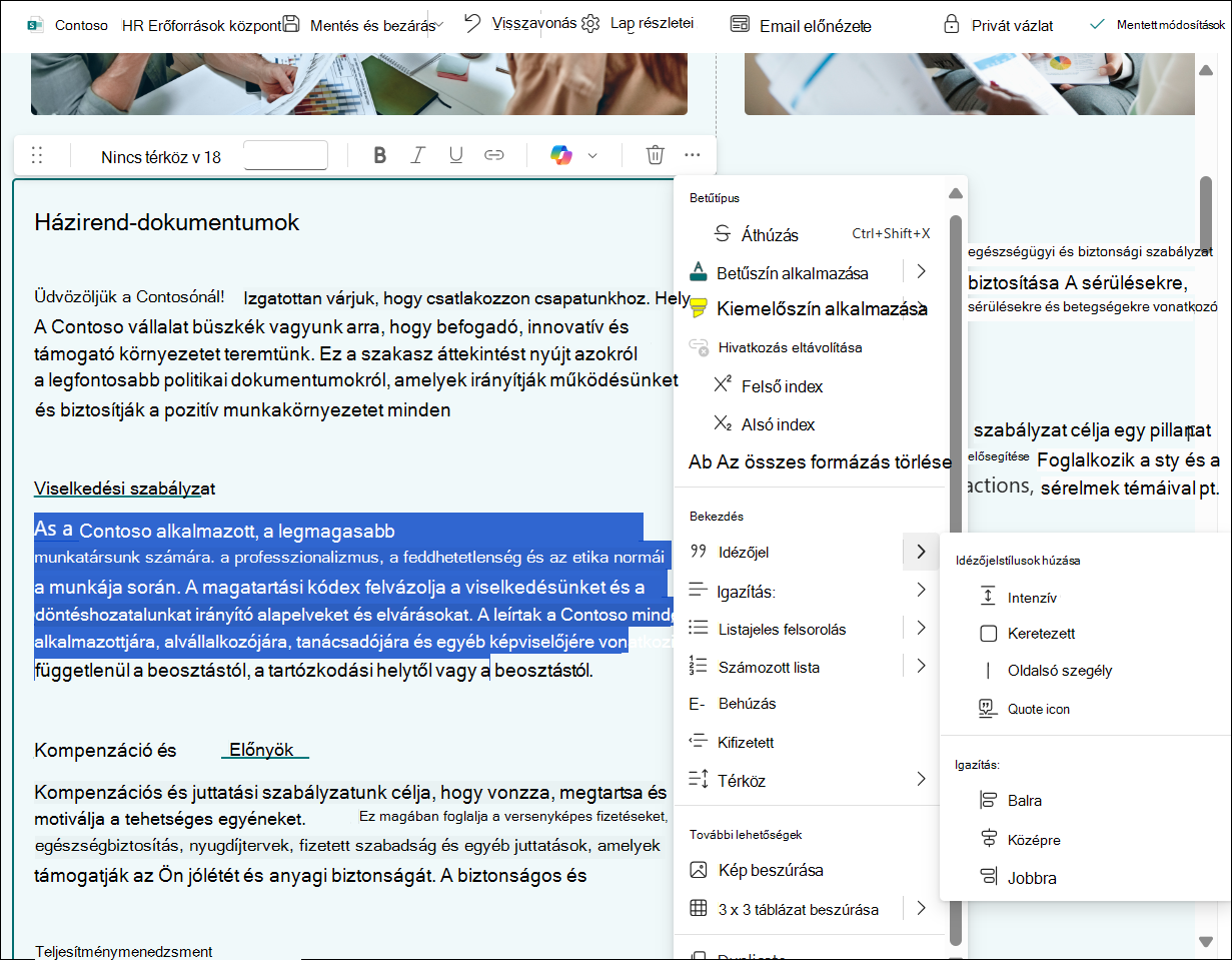 képernyőkép a szöveges táblázat szerkesztéseiről