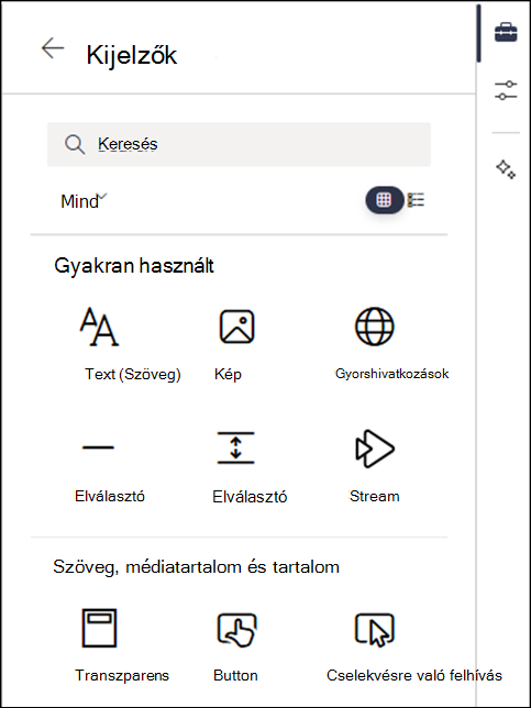 Az eszköztár 2. szintjén felsorolt kijelzők