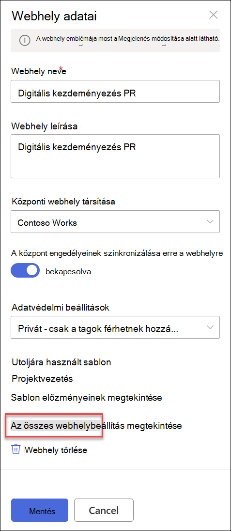 Webhely adatai párbeszédpanel.