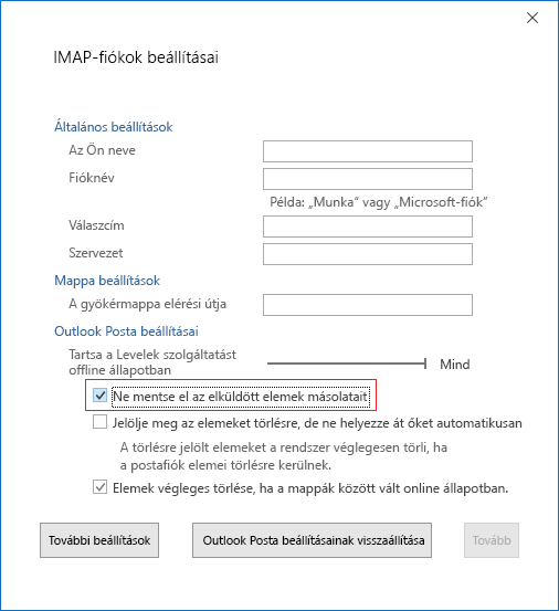 IMAP-fiókbeállítások, Elküldött elemek mentésének mellőzése