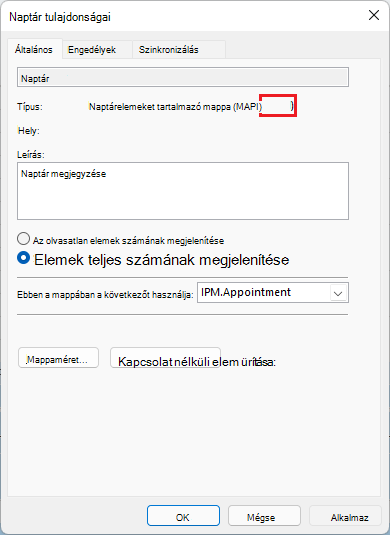 A képen az Outlook-értekezlet tulajdonságai ablak látható, az m a p i pirossal bekarikázva.