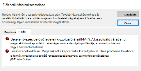 Képernyőkép a Fiók beállításainak tesztelése ablakról Errors tab - IMAP