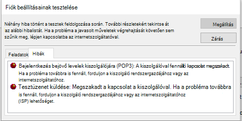 Képernyőkép a Fiók beállításainak tesztelése ablakról Hibák lap – POP3