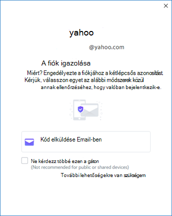 A Yahoo Outlook telepítőjének harmadik képernyője – Fiók igazolása
